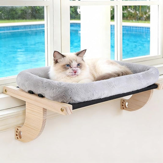 Cat Window Perch Hammock Wall Shelves Beds for Indoor Cats Supplies Design Robust Metal Frame Seat Large Cats and Kittens Pets Natural Wood, 24''L Easy to Adjust Windowsill, Bedside (Grey)