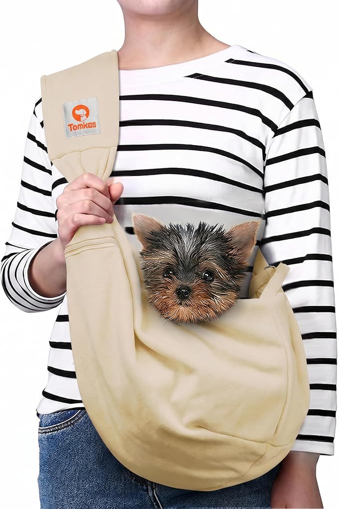 Tomkas Small Dog Sling Carrier - Zipper Pocket & Adjustable Strap - for 3-10 lbs Pets(Cream)