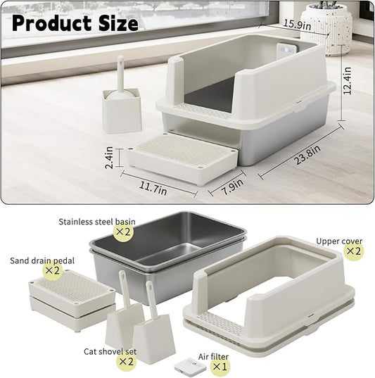 RIZZARI Stainless Steel Litter Box: Beige Leakproof Open Top Tray - Heavy Duty - Odor Resistant- Teflon Non-Stick Coating Cleaning - with Deodorizer - 2 Pack - for Laundry Room Restroom