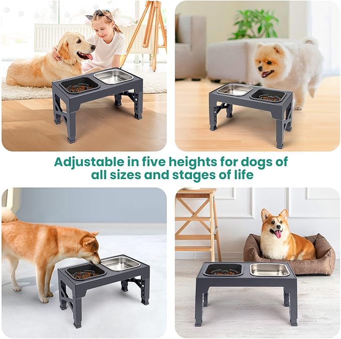 Niubya Elevated Dog Bowls, with Slow Feeder Bowl and Stainless Steel Dog Food Bowl, Raised Dog Bowls Adjusts to 5 Heights (3.15", 8.66", 9.84",11.02", 12.2") for Small Medium and Large Dogs