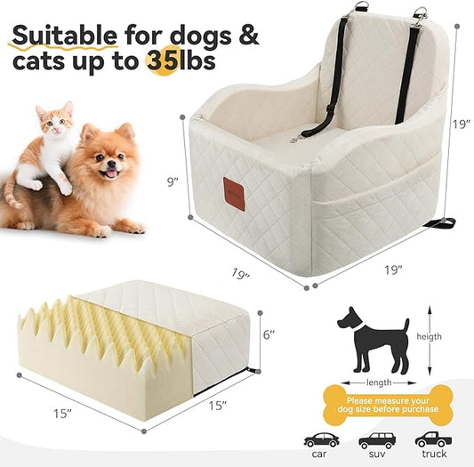 Dog Car Seats for Small Medium Dogs Up to 35lbs, Detachable Washable Soft Pet Booster Travel Bed for Front Seat with Safety Leash Belt (Beige, Medium)