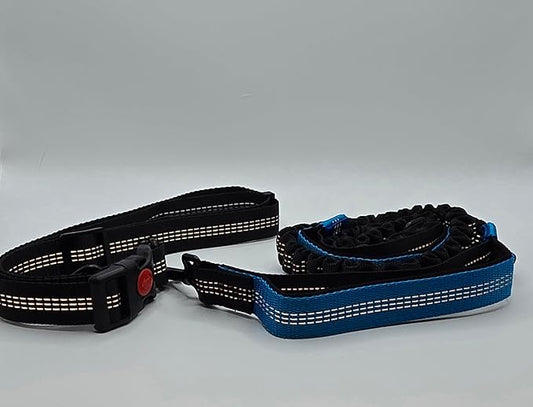 Hands Free Dog Leash with Adjustable Waist Belt, Dual Padded Handles, Elastic Bungee Ropes for Small to Large Dogs, Reflective Stitches for Walking, Hiking, Running and Biking. (Black/Blue, Medium)