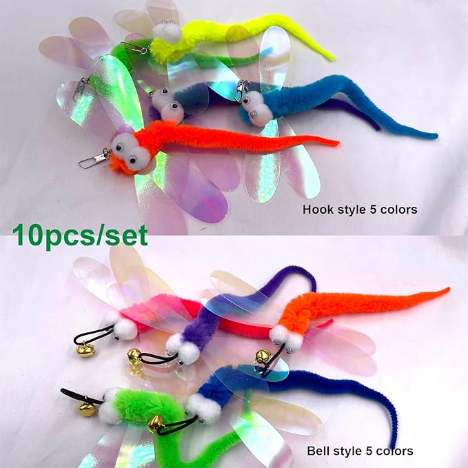 AcceLeah Cat Worm Toy Refills Cats Teaser Toys Worms and Dragonfly Refill,Cat Wand Toy Assorted Teaser Refills with Bell (10 Pcs Dragonfly Set)