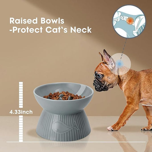 Elevated Slow Feeder Bowl for Cats and Small Dog, Stop Vomiting & Choking, Ceramic Slow Cat Bowl, Spill-Proof & Anti-Tipping, Easy to Clean, No Black Chin, Raised Pet Bowl for Dry & Wet Food