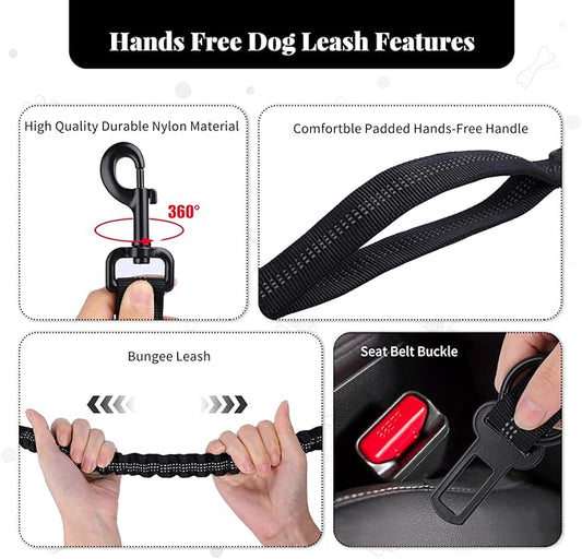 Heavy Duty Multifunctional Adjustable Hands Free Dog Leash - Durable Reflective Stitches, Car Safety Buckle Waist Leash for Dog Walking, Running, Hiking - 5-7FT