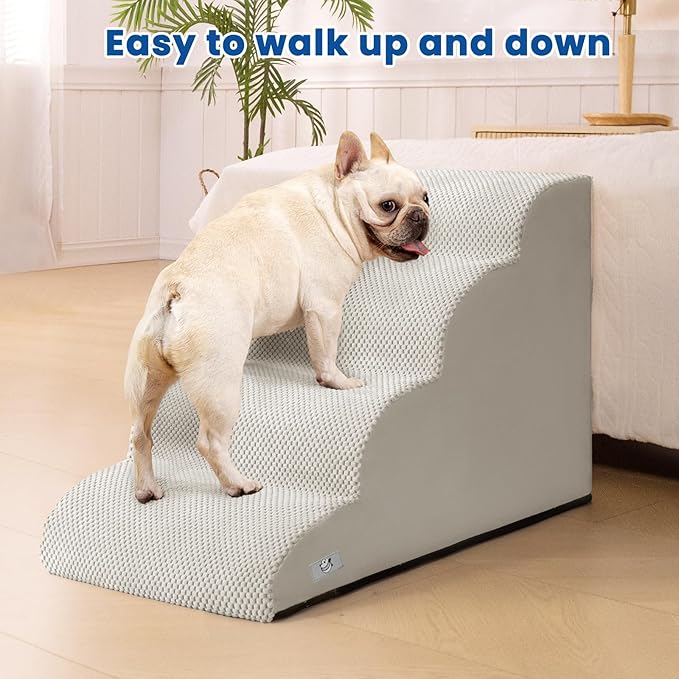 Dog Steps for Bed, 4 Step Pet Stairs for Small and Medium Dogs, Non-Slip Dog Ramp with Washable Cover, High-Density Support Foam for Easy Climbing,Light Grey