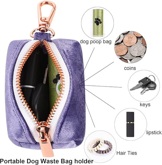 ARING PET Dog Waste Bag Dispenser, Velvet Doggy Poop Bags Holders Attach to Any Leashes, Purple Portable Washable Pet Waste Pouch Dispenser with Metal Zipper