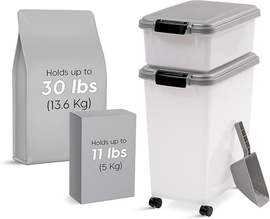 IRIS USA 30 lbs & 11 lbs Combo Airtight Dog Food Storage Container, Stackable Treat Box, 2-Cup Scoop, Wheels, Keep Fresh, Easy Mobility, Silver