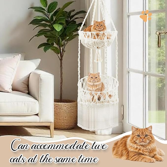 Double Deck Macrame Cat Hammock with Cushion Boho Hanging Bed Swing Cat Tree Door Hanger for Playing Sleeping Climbing and Lounging