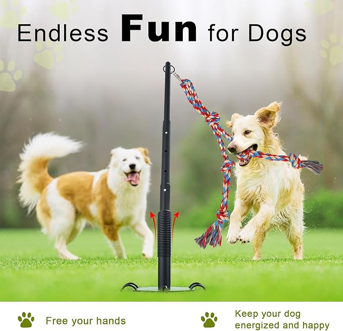 Outdoor Tug of War Dog Toy, Tether Interactive Dog Tug Toy Backyard Heavy-Duty Dog Solo Play Exercise Toy for Large Medium Dogs, Height Adjustable, 2 Rope Toys