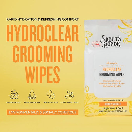 SKOUT'S HONOR HydroClear Grooming Wipes w/Hyaluronic Acid - for Your Dogs and Cats - Great for Hydration of Your Pets Skin and Fur - Honeysuckle Fragrance - 100ct