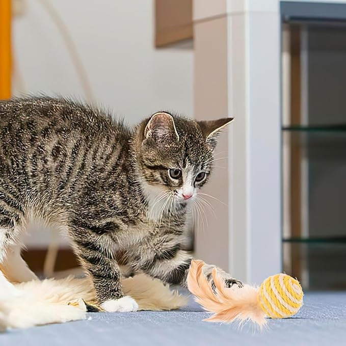 3pcs Cat Toys Balls, Interactive Feather Sisal Ball for Indoor Cats, Rolling Toys Design for Exercise and Fun, 1.96 Inch Size - Random Color