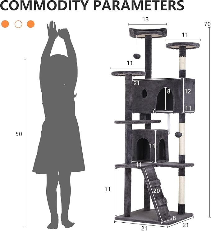 BestPet | 70" Cat Tree Tower | Ashy | Sturdy, Easy to Assemble, Multi-Level Activity Center with Sisal Scratching Posts, Condos, Perches, Hanging Cat Toys, Observation Decks & Ladder