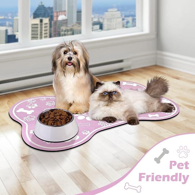 Dog Cat Mat for Food and Water,Rapid Absorbent Pet Feeding Mat, Bone Shaped Dog Placemat Bowl Mat with Rubber Backing,No Stains Pet Food Mats Indoor, Pet Accessories Supplies,Pink 16"×24"
