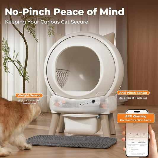 Automatic Cat Litter Box - E2 Self Cleaning Litter Box Smart Robot for Multiple Cats, APP Real-Time Monitor, Weight Monitoring, Safe Anti-Pinch Liners and Mat Included