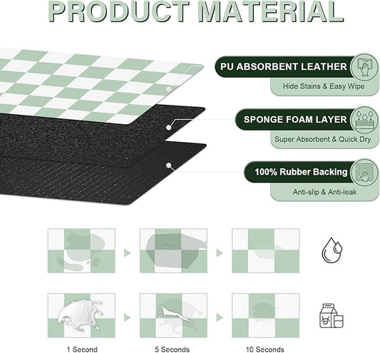 Checkered Dog Cat Feeding Mat, 17'' x 28'' Large Dog Food Mats, Absorbent Pet Feeding Mat for Food and Water Bowl, Dispenser, Checkerboard Pet Placemat with Rubber Backing, Green & White