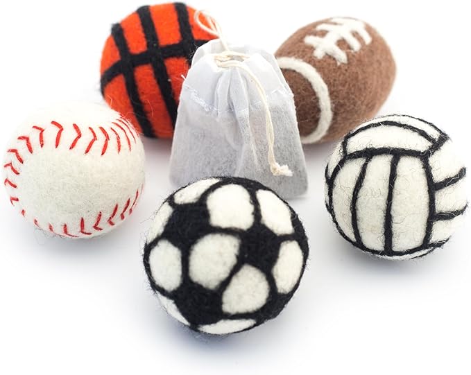 Glaciart One Sports Wool Balls for Cats β 5 Pcs with Catnip Pouch - Soft Fuzzy Enrichment 100% Natural Felt Cat Toy - Interactive Play Cat Toy Set - Safe for Pets, Non-AZO Colored Dyes β 1.6β