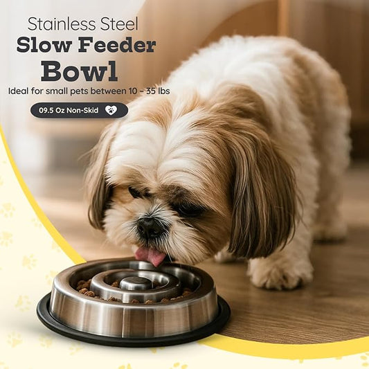 1.2 Cup (9.5 oz) Slow Feeder Dog Bowls, Shallow Spiral Style Stainless Steel Small Dog, Cat Dry, Wet Food Dishes Fast Eater Nonslip Heavy Feeding Puzzle Bowl, Slow Down Eating
