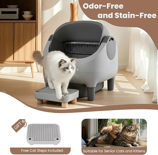 Upgraded Automatic Litter Box with Raised Step, Large Capacity Self Cleaning Litter Box for Multiple Cats with Open Top Design, Safety Protection, Smart App Control, Odor-Free & Health Monitoring