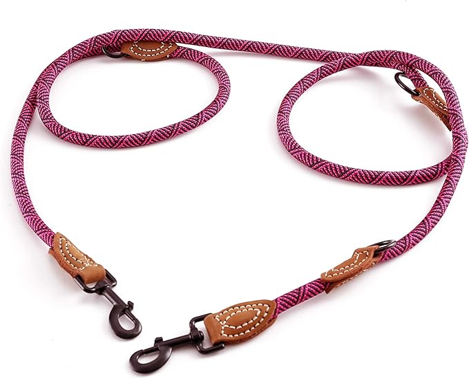 Mile High Life Dual Dog Leash - Double, Hands Free with Leather Connection, 360 Swivel, 8FT Pink