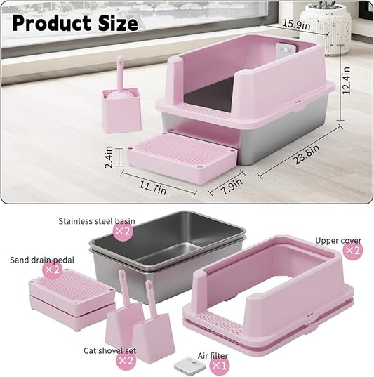 RIZZARI Stainless Steel Litter Box: Large Pink Leakproof Open Tray with Wipe-Clean Design - Odor Control - Teflon Non-Stick - with Deodorizer - 2 Pack - for Cats Up to 20 lbs - in Bathroom Restroom