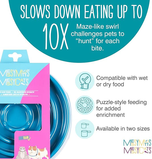 Messy Mutts Interactive Slow Feeder | Puzzle Slow Feeder Dog or Cat Bowl | Enrichment Food Dish to Slow Eating, Prevent Bloating | 8” x 1.3” | 1.75 Cup | Blue