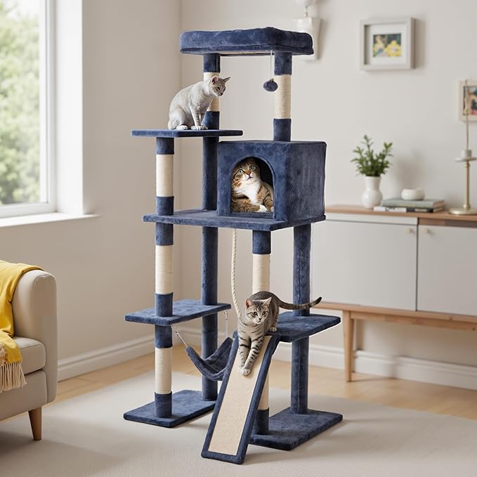 DUMOS Large 63in Cat Tree Tower, Multi Level Cat Climbing Tower with Condo, Natural Sisal Scratching Posts, Extended Platform, Hammock, Pet House for Indoor Cats and Kittens Play, Dark Grey