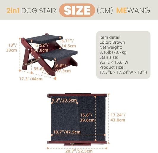MEWANG Wooden Pet Stairs/Pet Steps - 2-in-1 Foldable Stairs & Ramp for Beds and Cars - Portable Dog/Cat Ladder Up to 110 Pounds - Great for Small and Older Animals(Brown) (17.3" L x 17.24" W x 13" H)