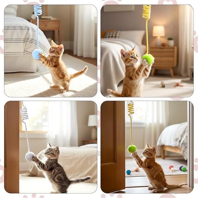 4PCS Cat Spring Toys, Hanging Fluffy Cat Ball Toys with Bell Stretchable Interactive Cats Teaser Soft Plush Interactive Cat Toy for Indoor Cats Kitten Play Chase Exercise