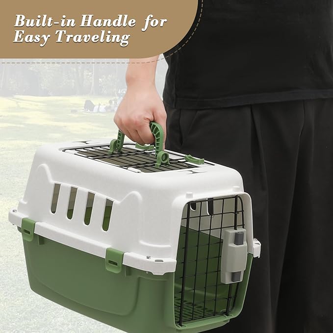 Athena Collection 18" Hard-Sided Travel Pet Carrier for Small Dogs and Cats, Plastic Dog Carriers with 2-Door Top & Front Load, Ventilation, Security Lock, Cat Dog Carrier for Pet, up to 10lbs, Green