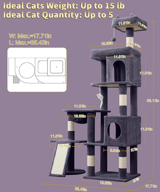 68 Inches Heavy Duty Cat Tree for Indoor Cat, Big Cat Tower with Sisal Scratching Posts and Top Perch, Large Platform for Adult Cats, PMT02DG, Dark Grey
