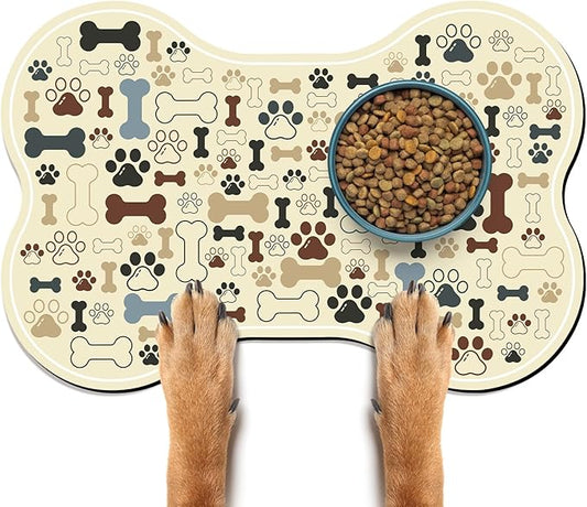 Dog & Cat Food Mat Bone Shaped Pet Feeding Mat Quick Absorb Water Bowl Placemat with Rubber Backing Indoor Floor Stain Resistant Pet Accessory Supplies (Beige, 12x24 Inches)