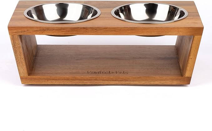 4" Tall Elevated Dog Bowls for Small Dogs, Food and Water Bowl Set by Pawfect Pets (Acacia)