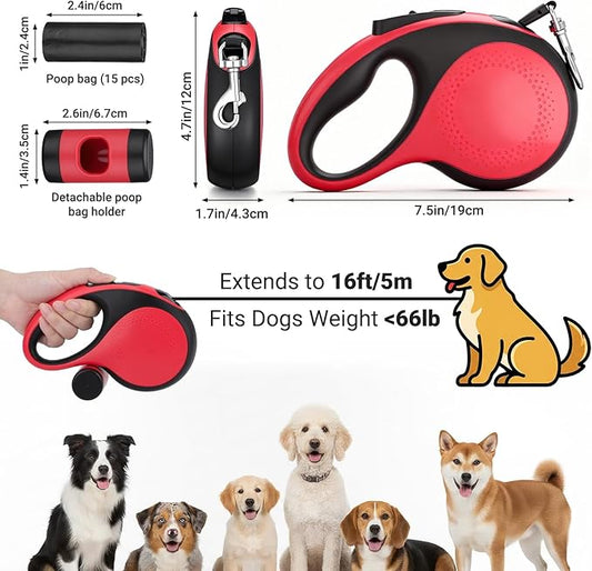 Segarty 16 Ft Retractable Leash with Waste Bag Dispenser, 5m Dog Leash Anti-Slip Handle and 360°Tangle-Free Retraction for Pets up to 66 lbs, Dogs Walking Accessories with One-Handed Brake Pause Lock