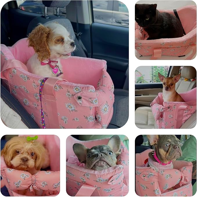 Cullaby Console Dog Car Seat - Portable Dogs Armrest Booster Seat for Small Dog, Anti-Collapse Pet Car Seat with Soft Cushion Safety Belt, Support Pet Up to 11lbs (Pink Daisy)