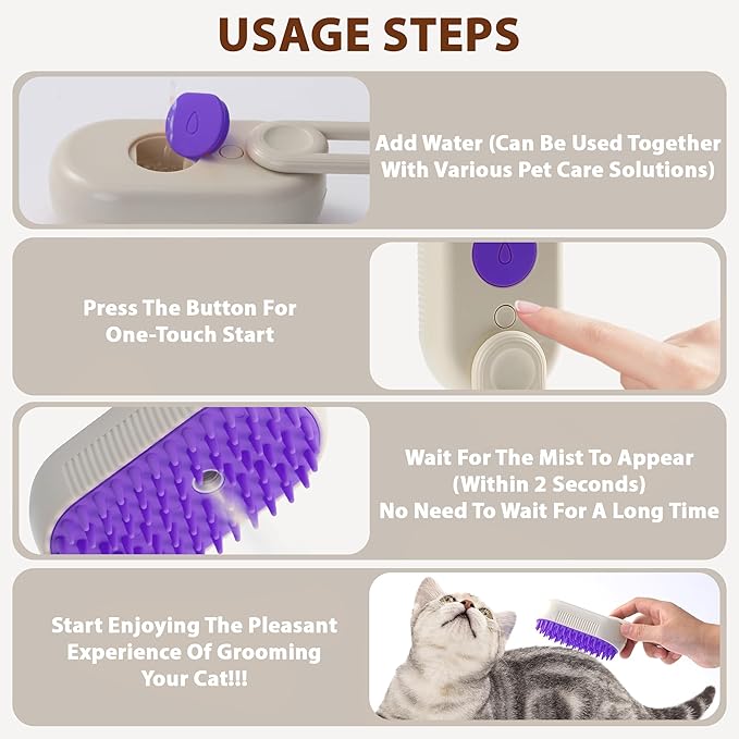 4 in 1 Cat Steam Brush, Rechargeable Steam Brush for Cats and Dogs, Anti-Static Cat Spray Brushes, Massage, Cleaning, Shedding & Combing All In One! Purple