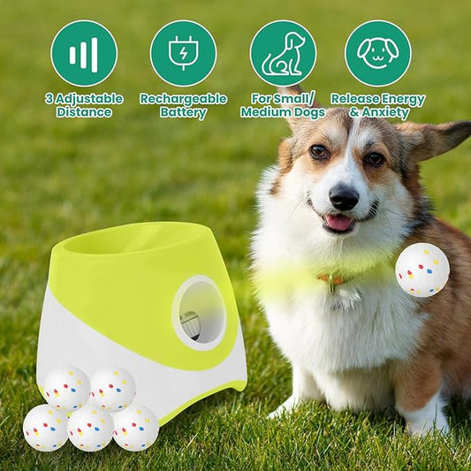 Moclever Automatic Dog Ball Launcher,Indoor/Outdoor Interactive Ball Thrower Fetch Machine for Small Medium Dogs Included 6 Tennis Balls Dog with 3 Adjustable Launch Distance
