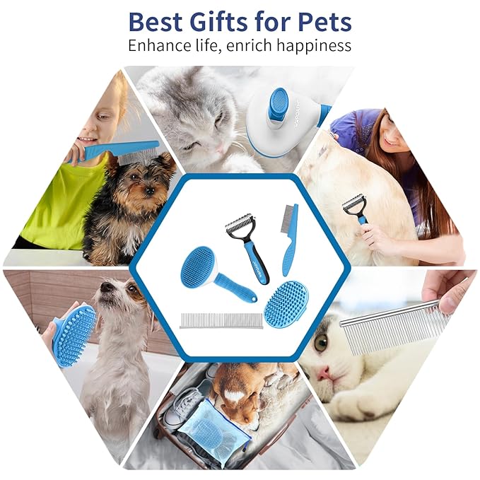 Dog Brush Grooming Kit 5 PCS - Self Cleaning Slicker Brush for Shedding Short Long Haired Dogs & Cats, Includes Pet Comb, Flea Comb, Bath Brush, Undercoat Rake - Complete Fur Care Set - Blue