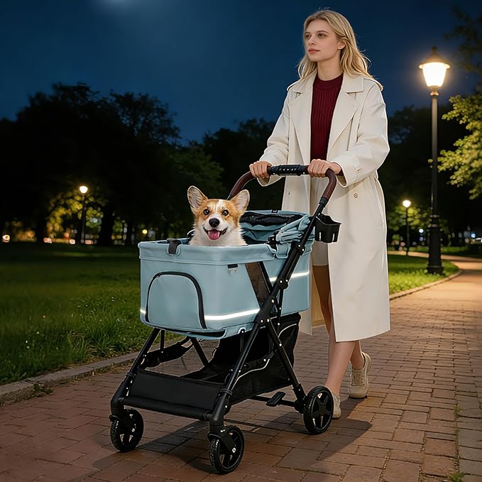 NO-Zip Pet Stroller for Small Dogs & Cats, Lightweight Dog Stroller with Reflective Safety Strips, One-Hand Fold, Claw-Proof Mesh, Breathable Travel Carriage, 33lbs Capacity, Light Blue