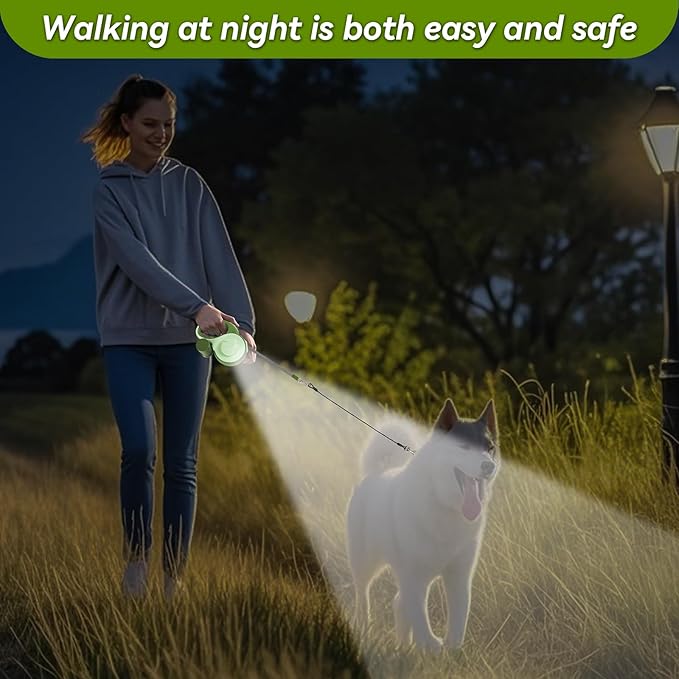 26ft Heavy Duty Retractable Dog Leash for Large Dogs, Dog Leash with Poop Bag Holder, Up to 100lbs, with LED Light, Chew Proof Cable, One-Handed Pause & Lock, 360° No Tangle. (Green, 26Ft)