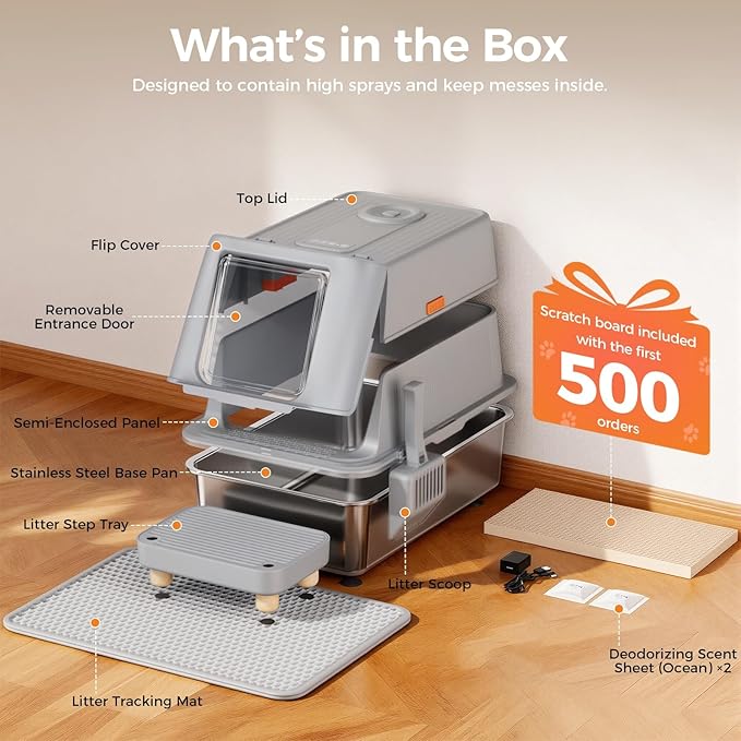 GTPLAYER XXL Stainless Steel Cat Litter Box with Lid, Smart Odor Control Enclosed Litter Box for Cats, Infrared Sensor Auto Pause, Non-Stick Anti-Leak High-Sided, with Mat, Scoop & Step, Grey