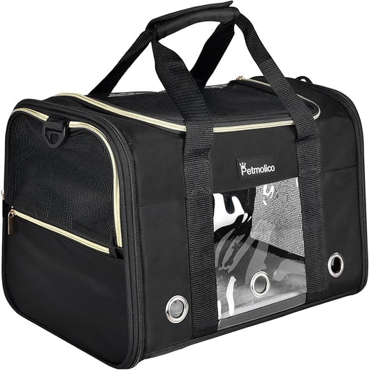 Petmolico Cat Carrier Soft-Sided Pet Bag for Small Medium Cats Puppies 16LBs - Airline Approved Pet Travel Carrier 3 Open Doors (Medium,Black)