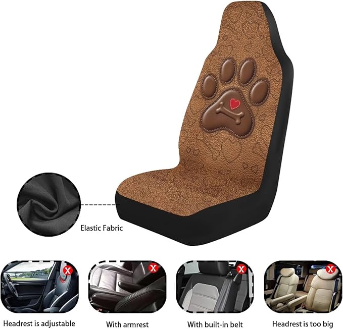 Dreaweet Dog Paw Car Seat Covers Brown 2 Piece Universal Washable Car Seat Cover Front Seats Only Cute Car Accessories Interior Easy to Install