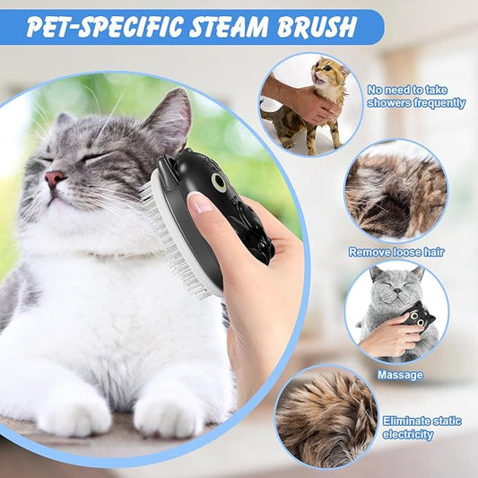 3 in 1 Cat Steam Brush for Shedding, Pet Steam brush for Dog & Cat Shedding & Grooming, for Long & Short Haired Pets, Spritz Defur Comb (black)