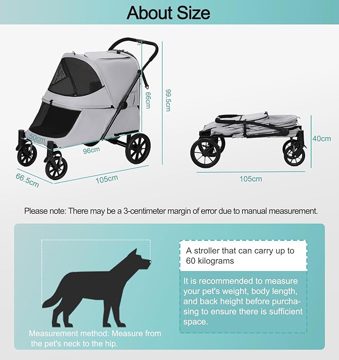 Pet Stroller with Ramp for Large Dogs up to 132lbs, Large Pet Gear for Multiple Dogs/Cats, All-Terrain with Mesh Dual-Window & NO-Zip, Removable Mattress & Slope Pad (Gray)