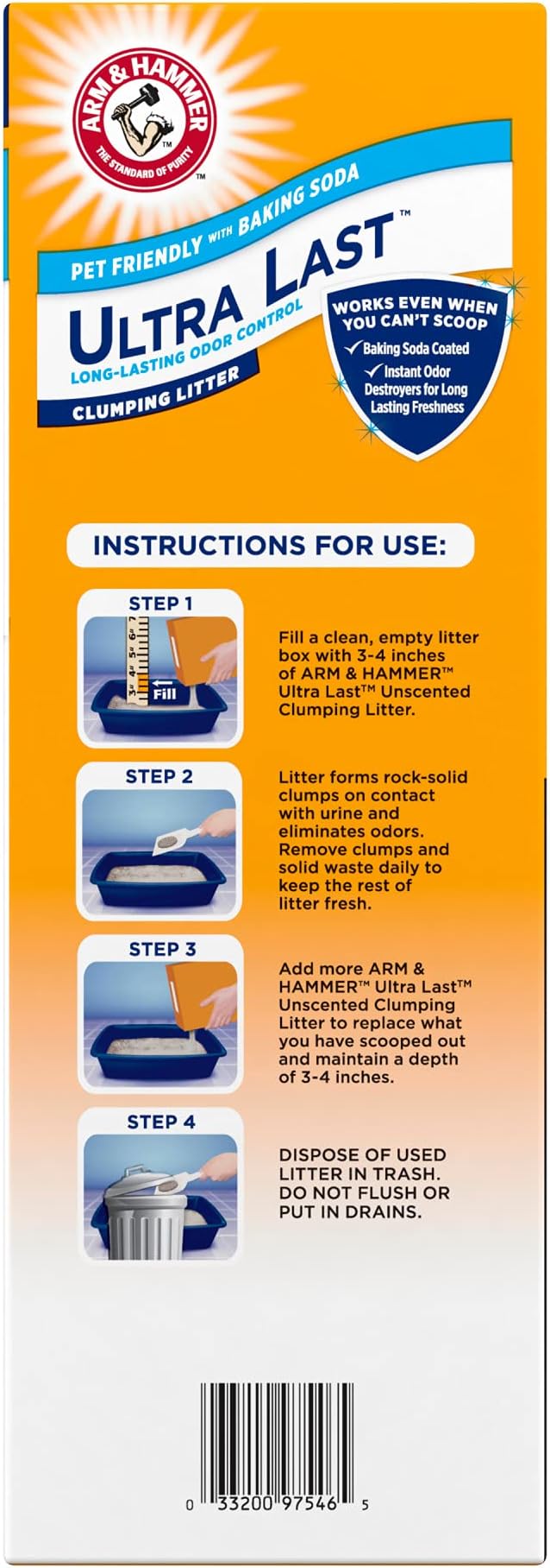 ARM & Hammer Ultra Last Clumping Cat Litter Unscented MultiCat 18 Lbs. Pet Friendly with Baking Soda Odor Control Litter