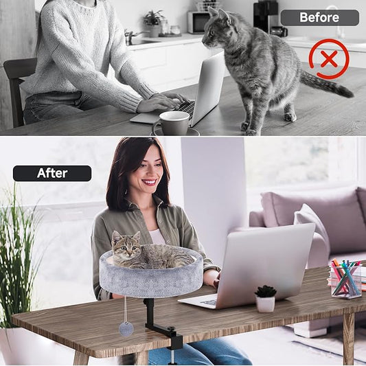 Cat Desk Bed - 360° Rotating & Adjustable, Supports 50 lbs, Soft Faux Fur with Dual-Sided Reversible Mat, Modern Indoor Cat Nest Furniture for Office Desks and Game Tables, Island Table