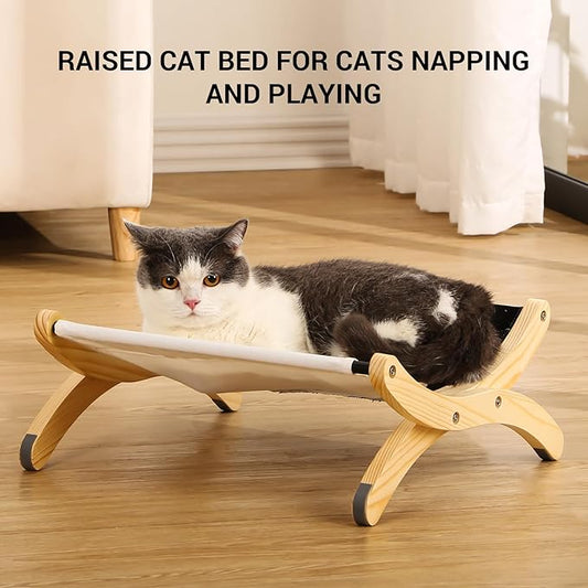 Cat Bed for Indoor Cats, Solid Wood Raised Pet Hammock with Washable Canvas Cover, Adjustable Cat Sleeping Perch Holding 40 lb