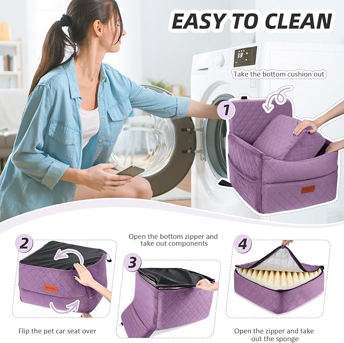 HEGGCOOE Small Dog Car Seat, Memory Foam Dog Booster Seats with Thick Cushion for Medium Dogs Under 35lbs, Detachable Washable Pet Car Seat Bed with Storage Pockets,2 Safety Belts Purple