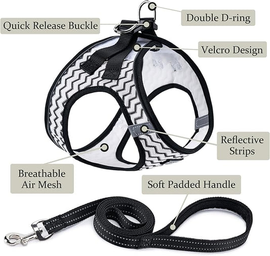 BOOMIBOO Dog Harness with Leash Set, No Pull Adjustable Reflective Step-in Puppy Pet Vest Harnesses for Small Medium Large Dogs and Cats,White Stripe L